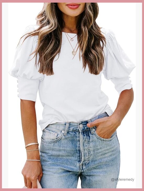 Tops - Puff Sleeve Blouse with Button Cuff, Rayon Polyester Spandex Blend